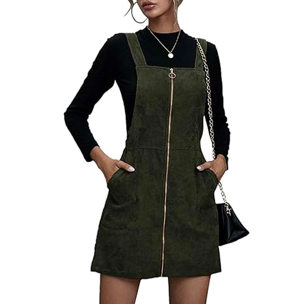 Damska modna sztruksowa jednokolorowa całoroczna damska sukienka bez rękawów z zamkiem błyskawicznym i kieszeniami na co dzień