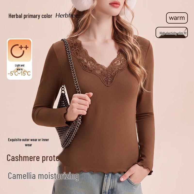 Women's V-Neck Lace Trim Slim-Fit Thermal Base Layer