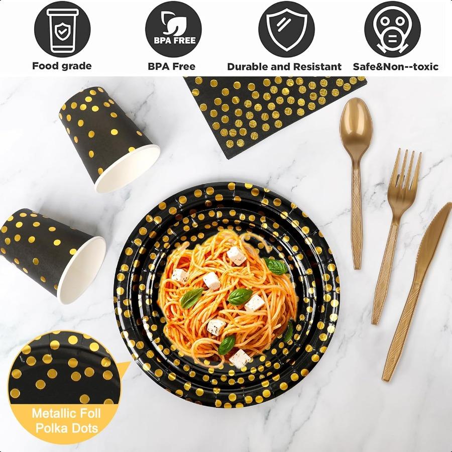 176 Pieces Black Gold Party Dinnerware Set Black Golden Dot Disposable Party Dinnerware Plate 7" 9"Napkins Cups Paper Gold Plas