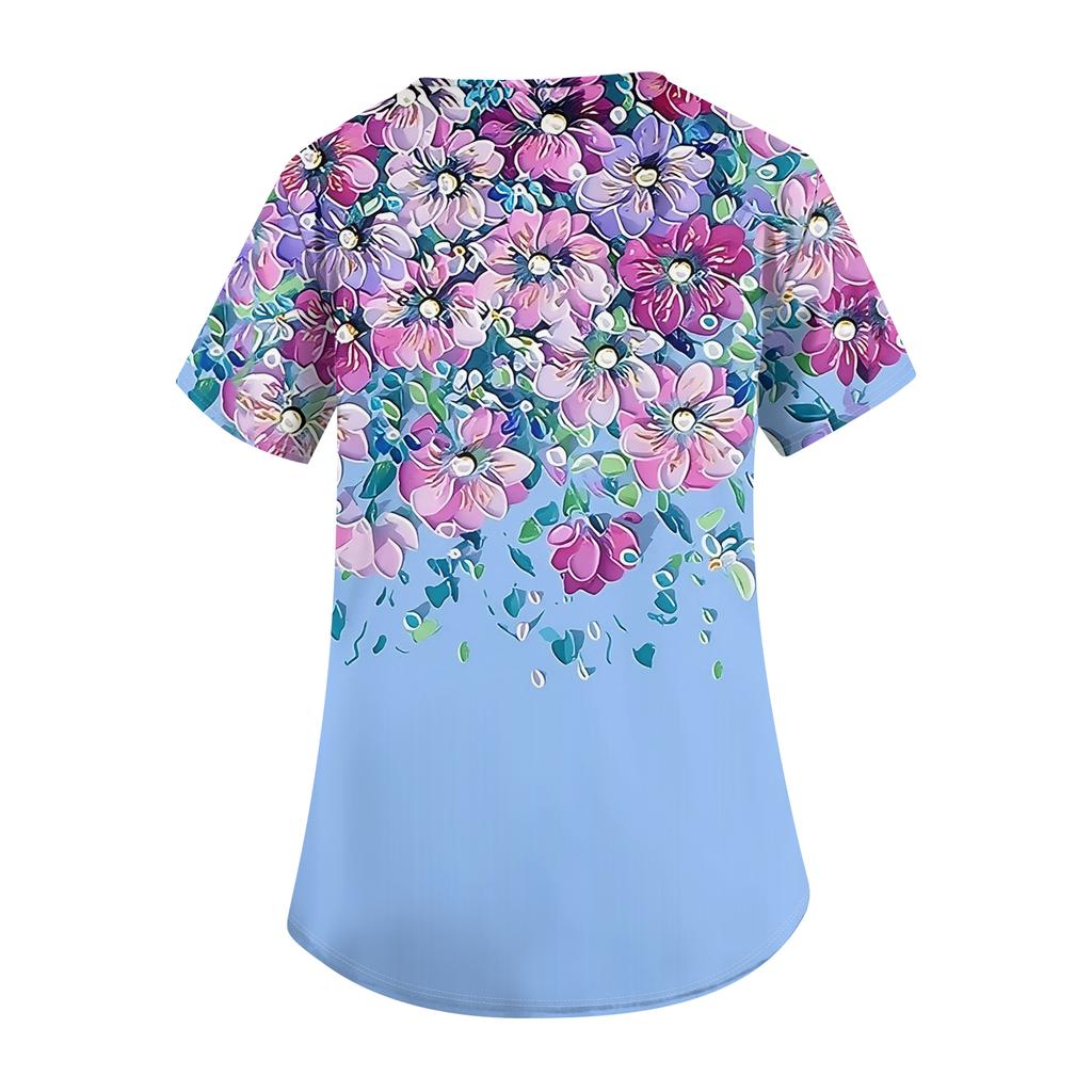 Dames Leuke Stippenprint Werkkleding V-hals Dubbele Laag Zakken Basic Top met Korte Mouwen Pullover
