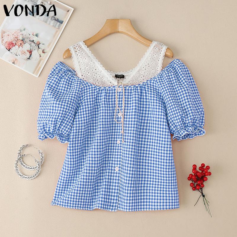 VONDA Camicetta estiva da donna, a maniche corte, senza spalline, in pizzo patchwork, con stampa scozzese