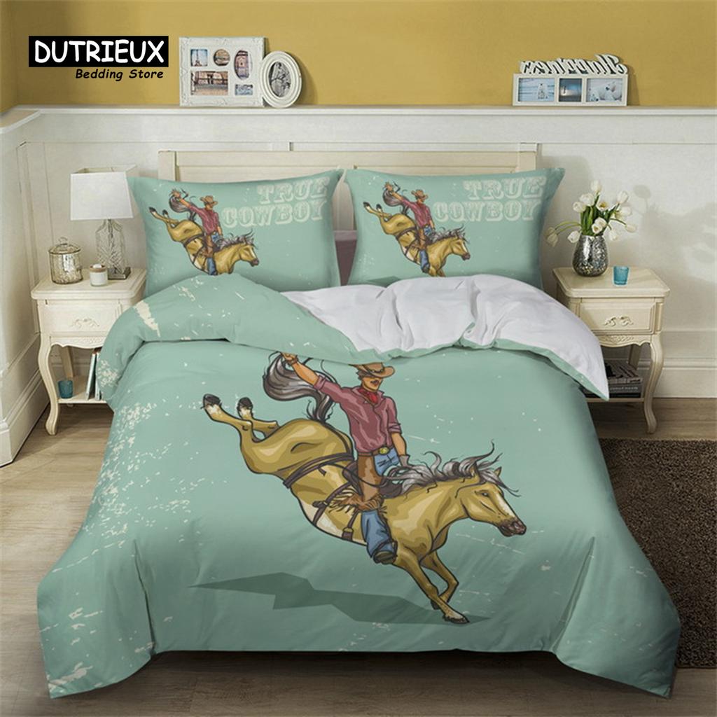 Western Cowboy Duvet Cover Set Traditional Rodeo Hat Bedding Set King For Kids Boys Teens Microfiber Sunset Scenery Quilt Cover