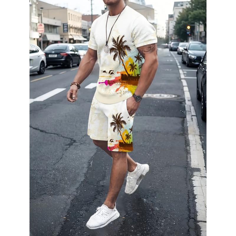 summer men s suit casual short sleeve suit coconut tree sailboat print casual fashion street clothing short sleeve shor S