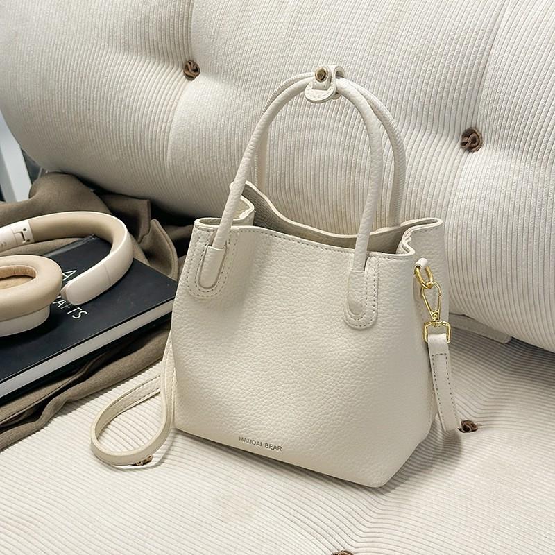 Korean Style Niche Casual Simple Lychee Pattern Portable Bucket Bag Temperament All-matching Work Commuter Mother Cross-body Women