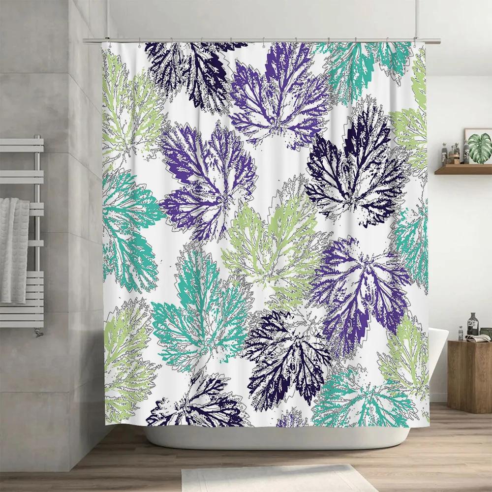 Floral Leaf Shower Curtain SetWaterproof Printed Bathroom Decor Greenery Purple White Blue Floral Print Polyester Bath Liner 72x
