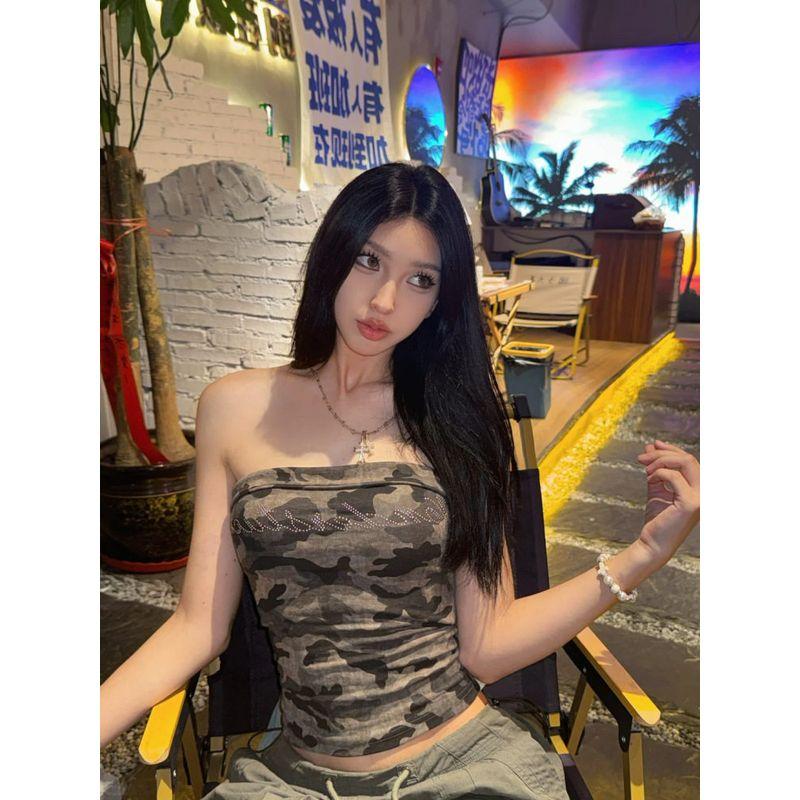American Retro Camouflage Rhinestone Camisole for Women, Summer Cool and Stylish Slim-Fit Outerwear Short Tube Top Camouflage S