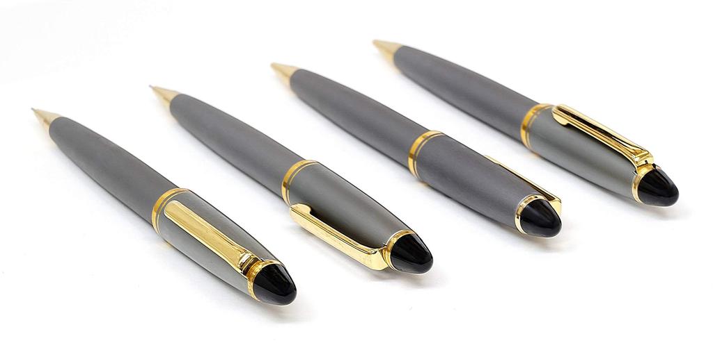 Blue Grained Leather Pen Case, Black Metal Touch Stick, and Neo D-1000 Satin Gray Retro Mechanical Pencil Set (SASL-ALB-1000HS)