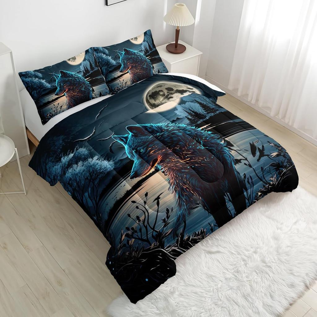 3D Cartoon Wolf Queen Size Bedding Set, with Patterns Mainly Featuring the Moon and Cartoon Wolves, Suitable for Room Decoration