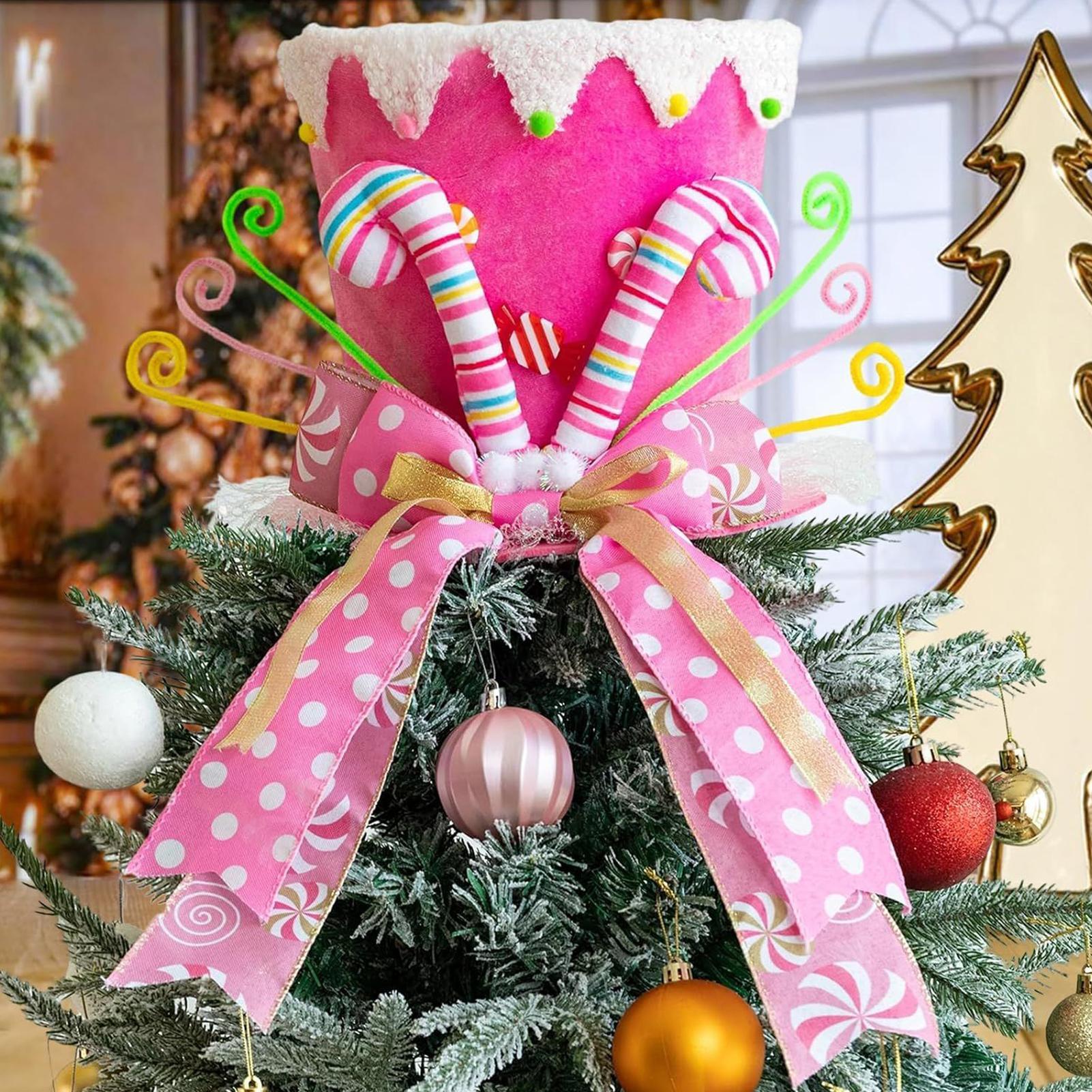 

1pc Christmas Tree Topper Xmas Ornaments Christmas Tree Top Hat with Candy Cane and Bow for Holiday Home office Desktop Party China Mainland