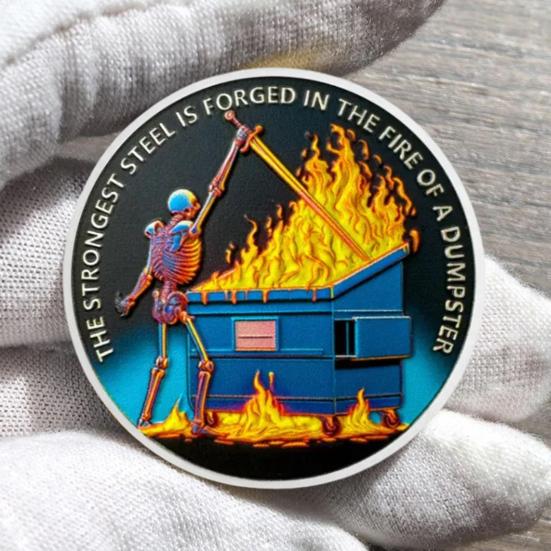 Skull Dumpster Flame Challenge Coin The Strongest Steel Is Forged Dumpster Flame Coin Funny Desk Accessories Inspirational Gifts