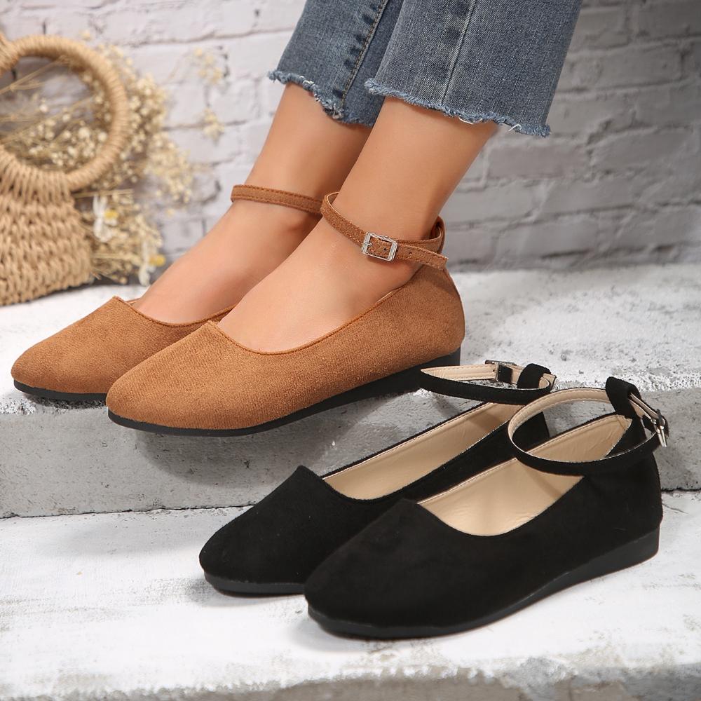 Women's Shallow Ankle Buckle Flats Shoes Spring/autumn New Round Head Low Heel  Large Size Comfortable Women's Shoes
