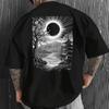 Japanese Eclipse Landscape Graphic T-Shirt Men's Casual Ukiyo-E Print Tee Cotton Top