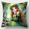 Fairy Pillowcase, Dreamy Green Elf Design with Flowers & Wings for Fantasy Fans, Soft Cotton Decorative Cushion Cover