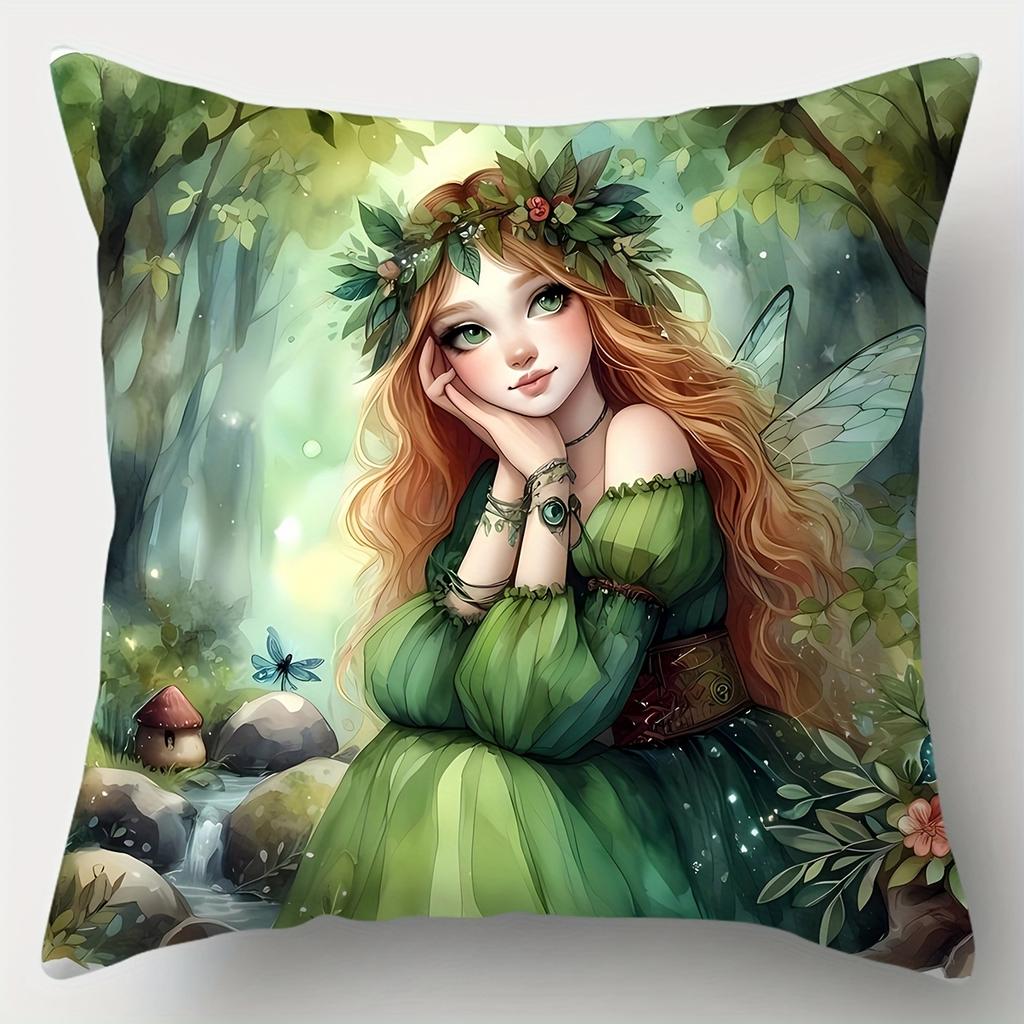 Fairy Pillowcase, Dreamy Green Elf Design with Flowers & Wings for Fantasy Fans, Soft Cotton Decorative Cushion Cover