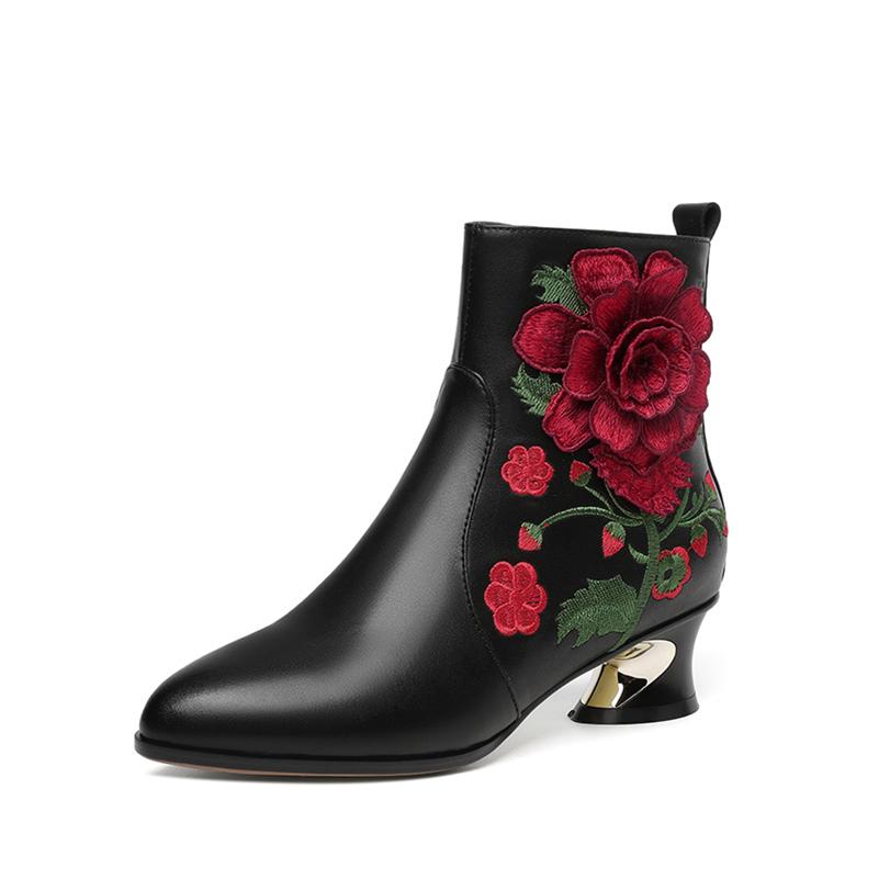 

Meotina/женские ботильоны из натуральной кожи, короткие ботинки с острым носком на среднем каблуке и цветочной молнией с вышивкой, женская обувь, зимняя обувь 43 34 чёрный