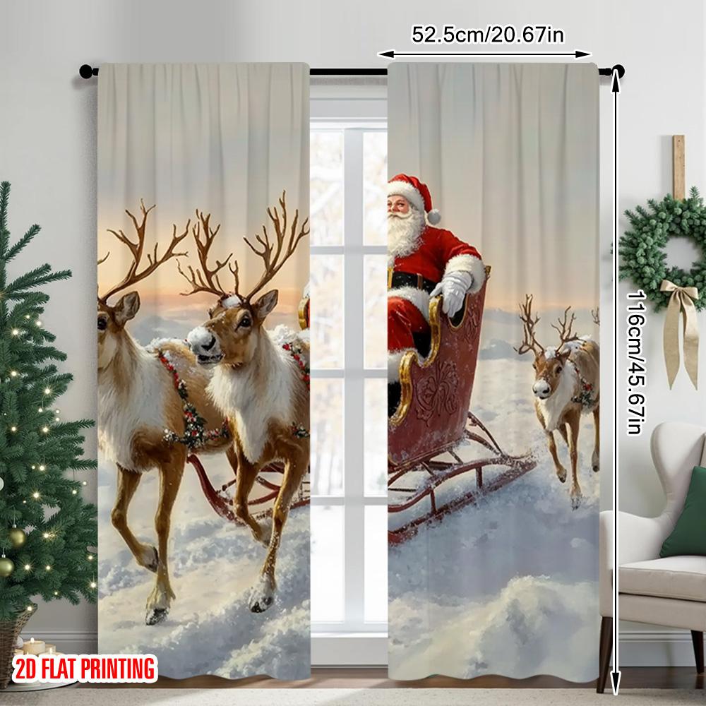 Set Of 2 Flat Printing Merry Christmas Popular Curtains Santa Sleigh Versatile Durable Polyester Without Electricity Festive Made