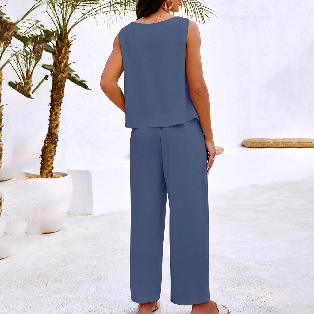 Womens Two Piece Sets Holiday Outfits Linen Matching Sets Clothing Dressy Jumpsuits With Pants