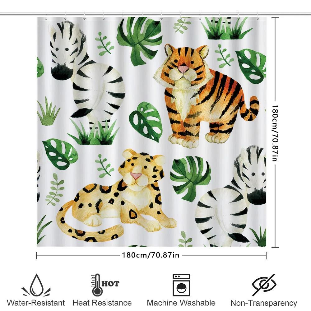 Wildlife Animal Print Shower Curtain With Green Leaves Black White Zebra Design For Bathroom Decor