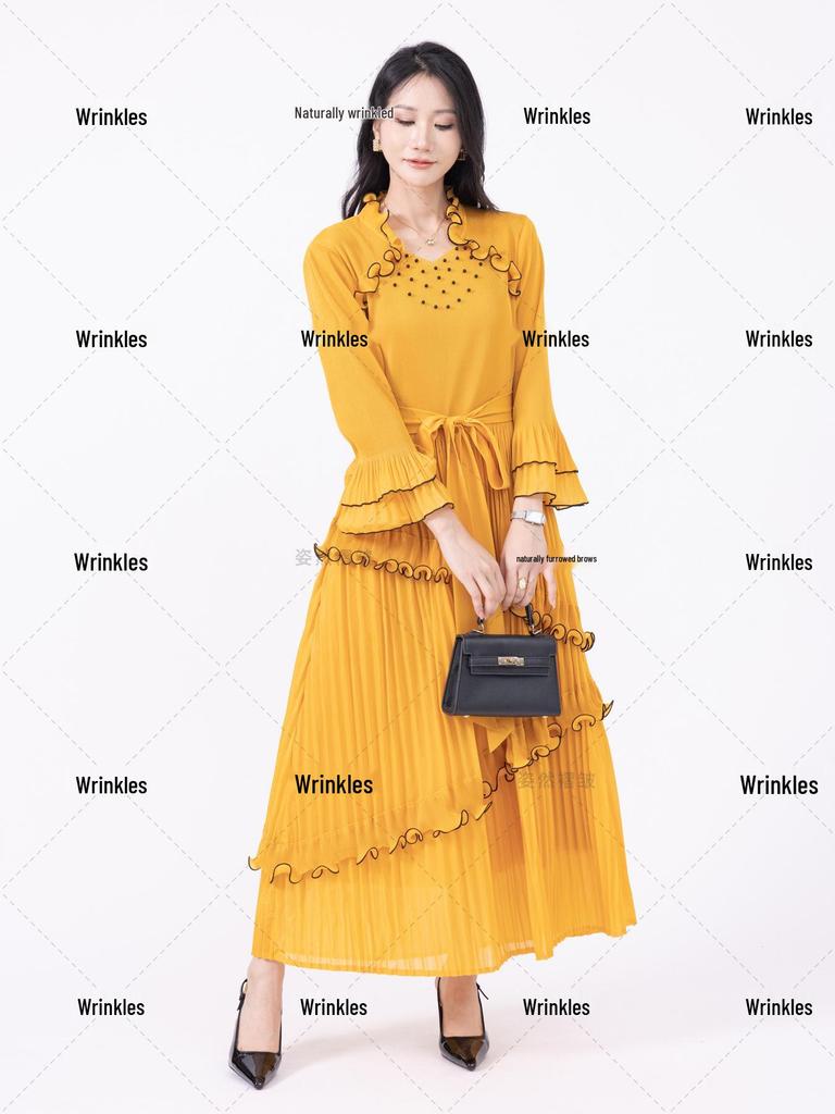 Miyake Pleats Maxi Dress: Light Luxury Ruffle Design, African Style Women's Clothing