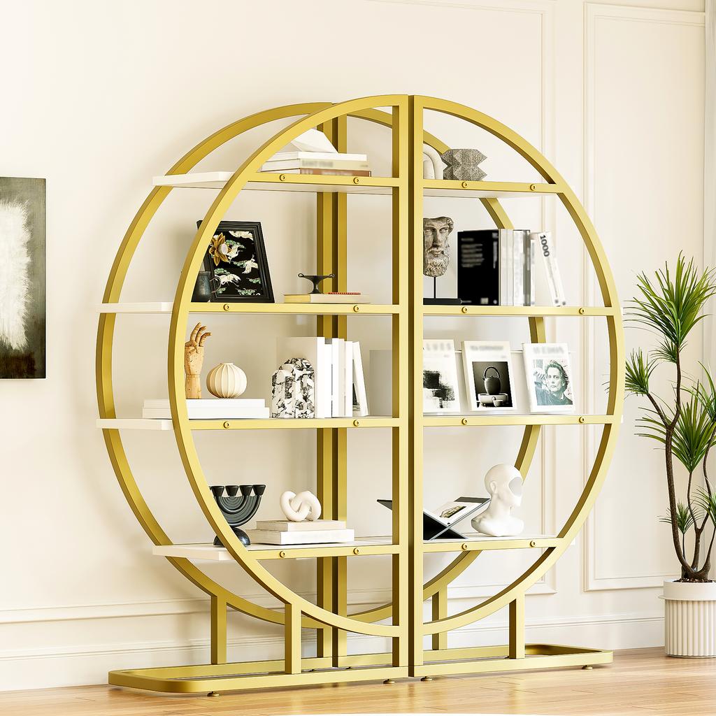 120×30×130 Cm Round Arch Standing Shelf – 2-Piece Metal Bookshelf with Gold Frame & 4 White MDF Shelves, for Living Room, Kitchen & Decoration
