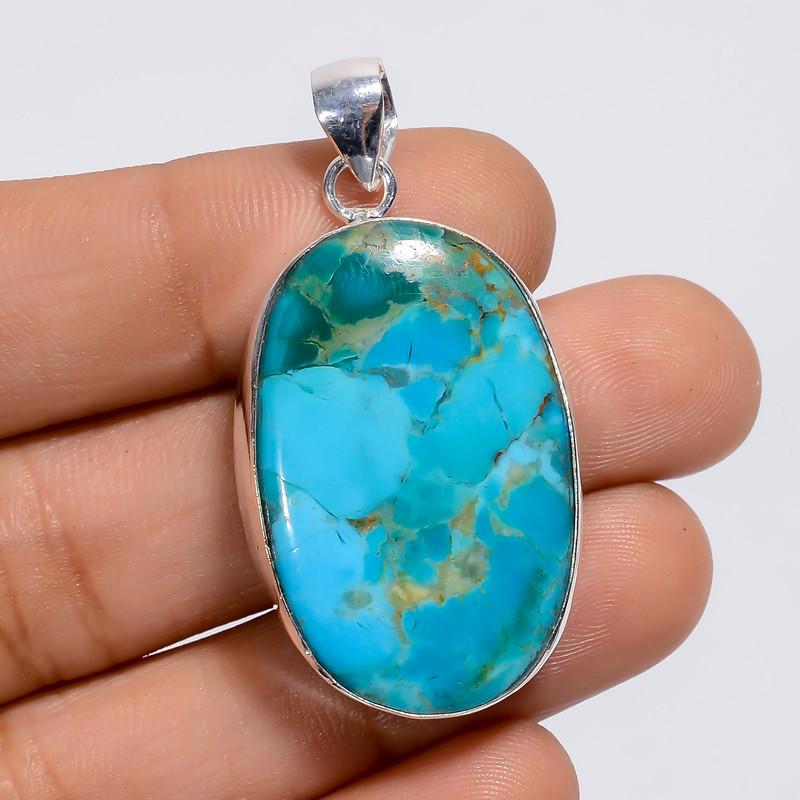 

Exclusive Top Grade Qualite 100% Natural Turquoise Oval Shape Ethnic Style Handmade Jewelry 925 Steling Silver Plated Pendant 1.6 WSJ-5050 1.6