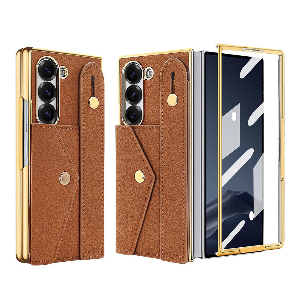 Card Bag PU Leather Integrated Case and Screen Protector Phone Case with Wrist Strap for Samsung Z Fold 7 6 5 4