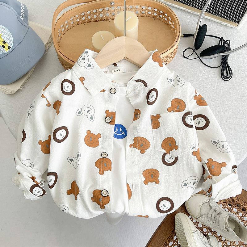 Boys Spring Autumn Cartoon Bear Print Sun Protection Shirt Baby Cotton Breathable Long Sleeve Blouse Trendy 80
