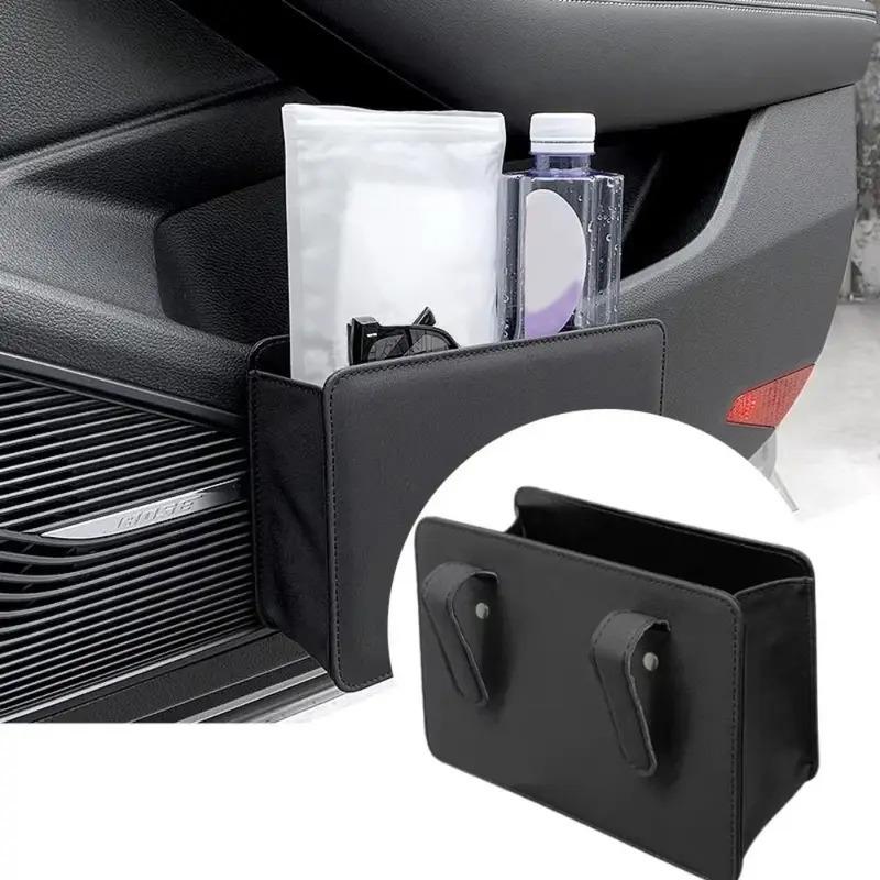 Multifunctional Car Trash Bin PU Leather Solid Color Seatback Hanging Storage Box Foldable Structure Car Door Storage Box