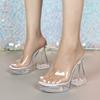 Women's 12CM Fashion Car Model Heels - Sexy Transparent Thick Heel Crystal Slippers, Non-Slip Square Toe Wedding & Party Shoes