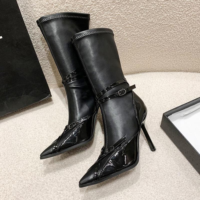 Fashion 11CM Super High Heel Black Women Mid-calf Boots Autumn Leather Buckle Ladies Elegant Pointed Toe Short Botas Zapatos De Mujer
