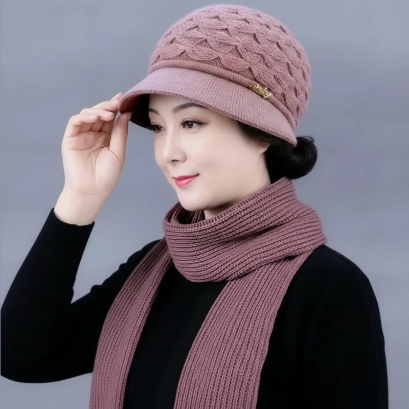 Dámská zimní vlněná čepice a šála: Hustý, Teplý, Odolný proti chladu pro střední věk a starší. Pletený design s plyšovou podšívkou.