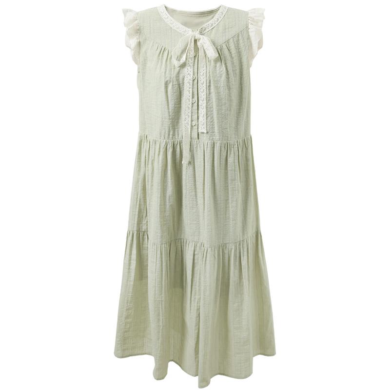 Sancai Striped A-line Maxi Dress with Lace Trim S