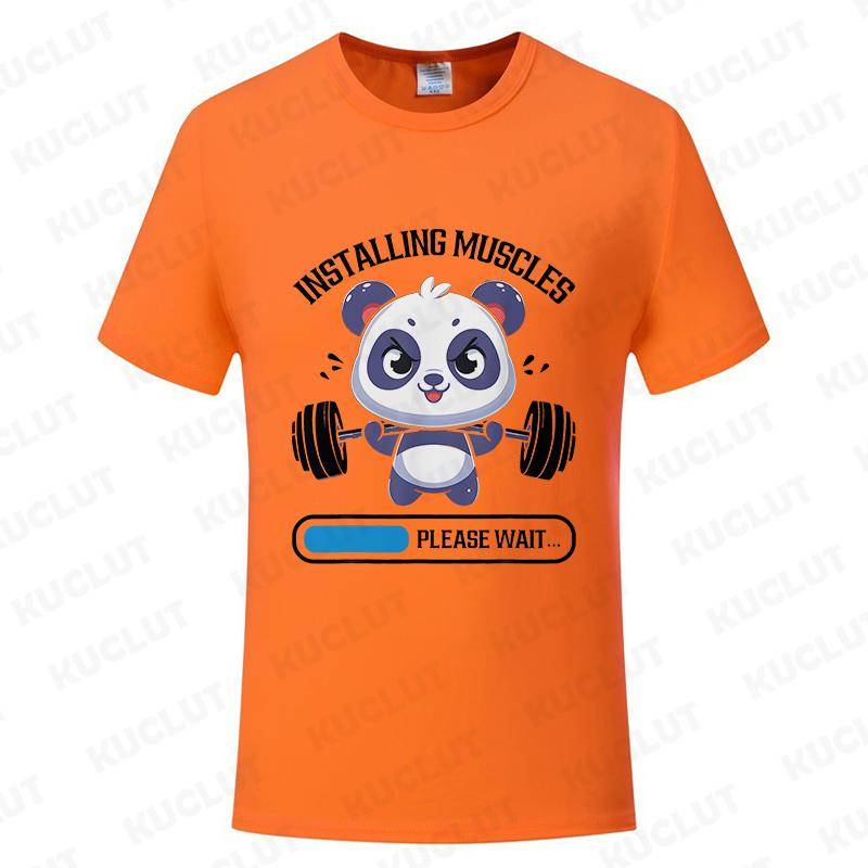 Funny Panda Gym Print T-Shirt Summer Tees for Men Women O-neck Casual Short Sleeve Weightlifting Installing Muscles Fashion Tops