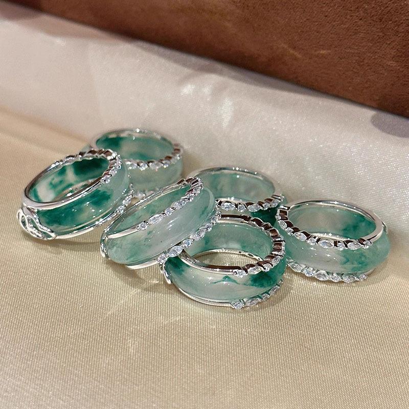 Classic inlay diamonds natural chalcedony green  rings for women new in Chinese style fashion exquisite ring  gift