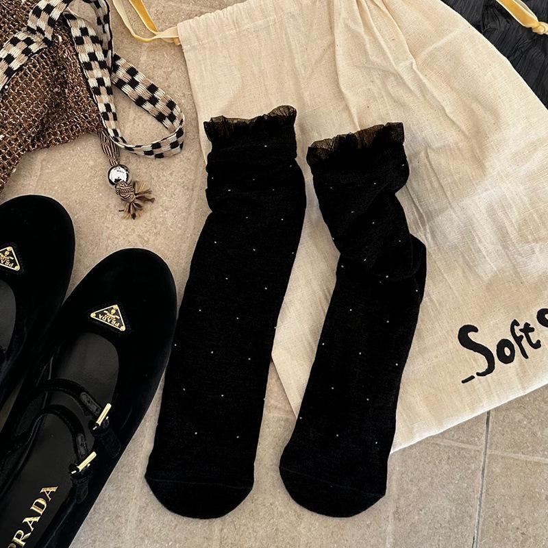 Miu Style Women’s Polka Dot Lace Trim Mid-Calf Slouch Socks - Thin, Breathable, Trendy, Seamless Cotton for Spring/Summer.