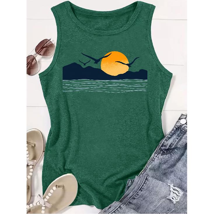 2026 New Sunset Seabird Landscape Print Round Neck Women Sleeveless Vest Soft Versatile Casual Summer Tank Top