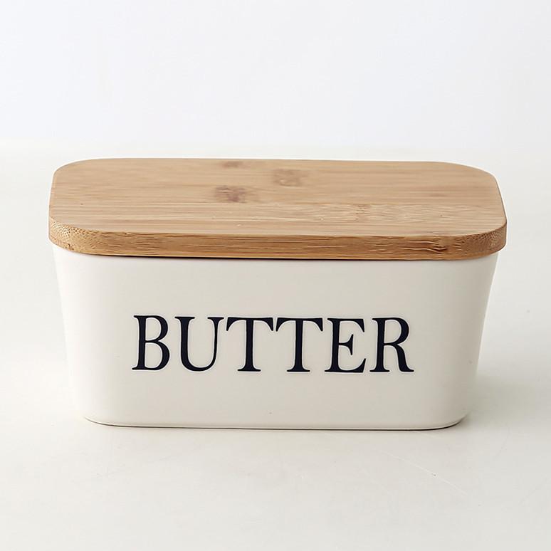 Wooden Cover Ceramic Butter Box with Spatula Knife Sealed Fresh Butter Box Multicolor Rectangular Sealed Kitchen Storage Box