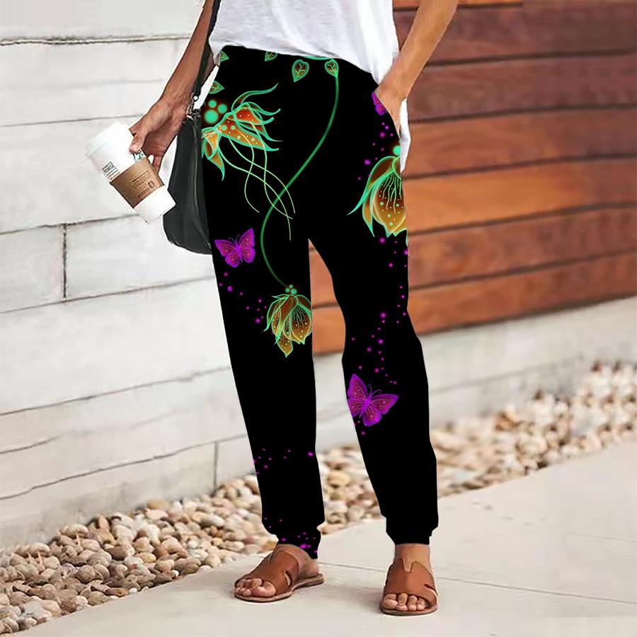 Pantaloni Dama cu Imprimeu Floral, cu Șiret, Talie Elastică, Largi, Pantaloni Lungi Casual, Pantaloni cu Buzunare