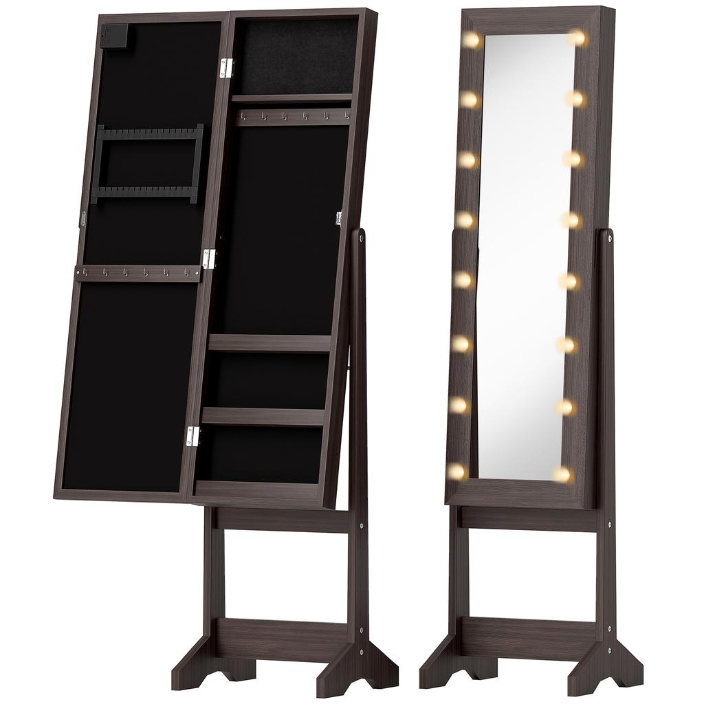 Freestanding Jewelry Armoire with Mirror, Multi-Storage, LED Lighting, Dark Brown