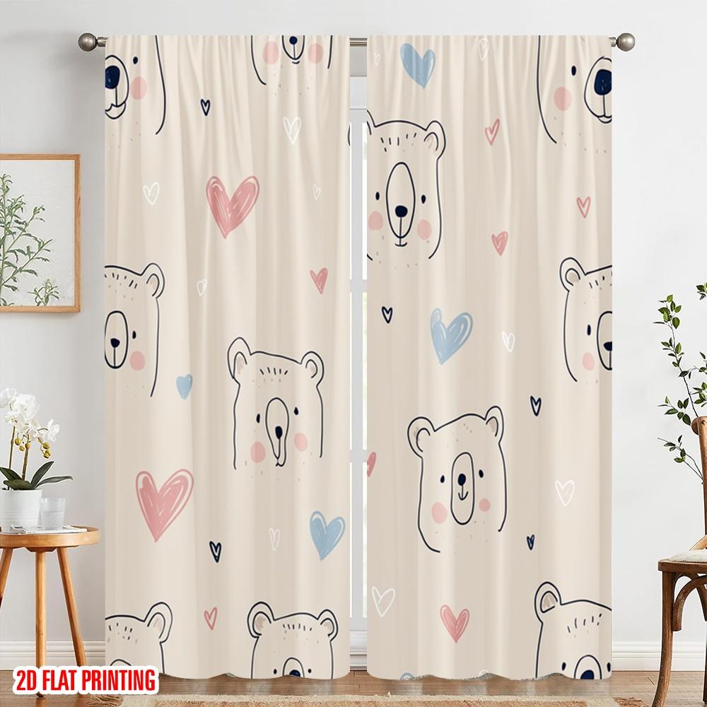 2pcs,2D Plane Printing Curtain Popular Smiling Bears and Hearts Versatile 100% Polyester (without Rod) Decorations Inside
