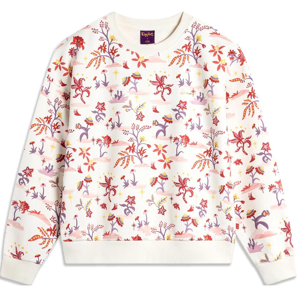 Li Ning Daily Prosperity Series Comfortable Casual Loose Round Neck Pullover Sweatshirt Women sweatshirt Off-White AWDU034-8