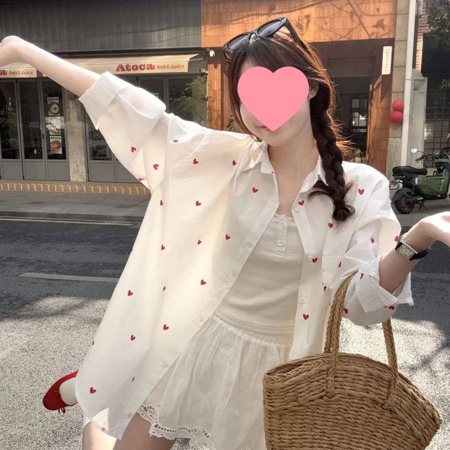 2026 Elegant White Love Print Long Sleeve Casual Spring and Summer Top