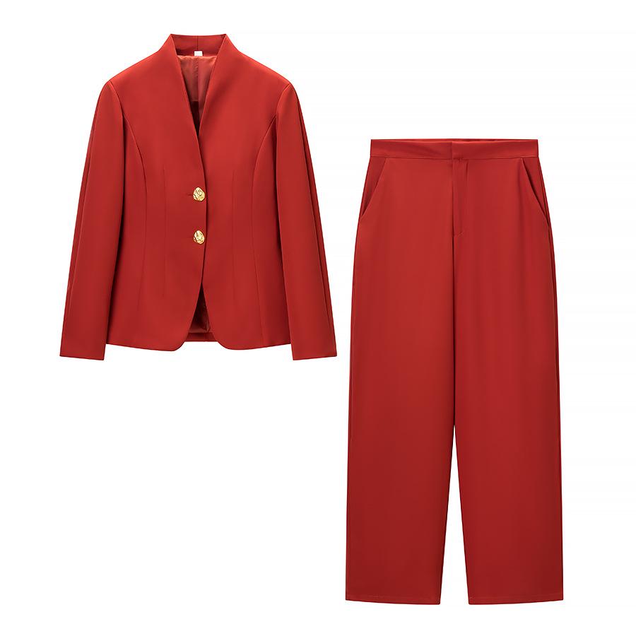 Autumn 2025 Elegant V-Neck Waist-Cinching Suit Set with Metal Buckle S красный