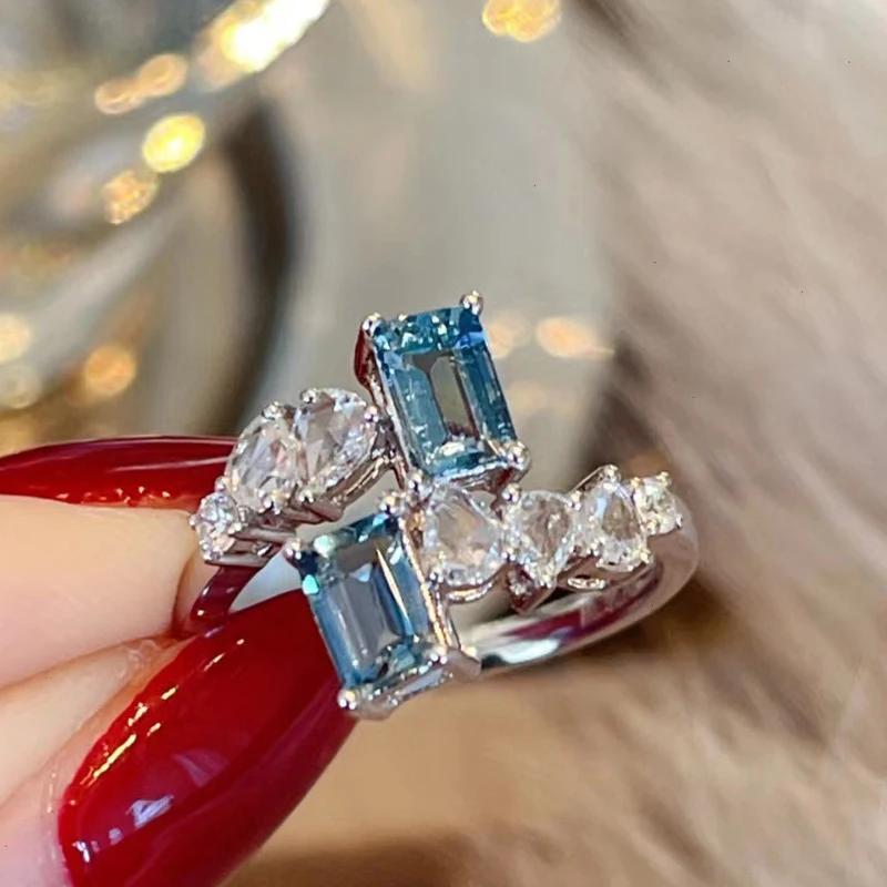 Interweaving Design Silver Rings for Women Rectangle Zircon Crystal Ring Bride Promise Engagement Wedding Bands Gift