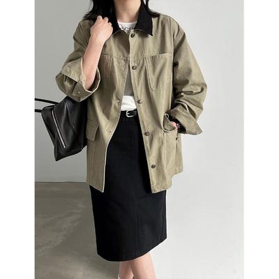 Kontrast-Cordkragen Spleiß-Hemdjacke Damen Herbst Große Tasche Locker Lässiges Oberteil