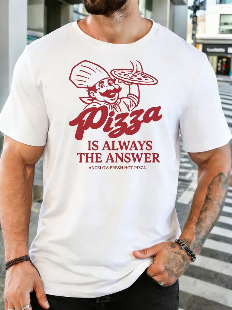 Old School Pizza Chef Graphic Pizza Is Always The Answer Mens Light Cotton Short Sleeve Loose Fit Food Lover Casual Tshirt