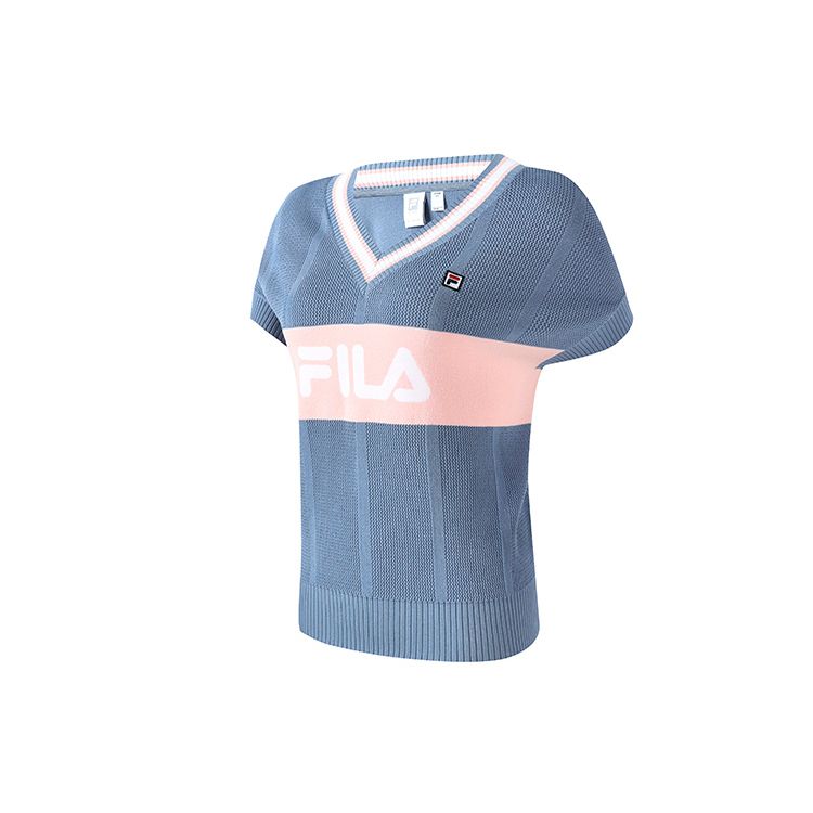 

Fila Letter Logo Jacquard V-Neck Pullover Sports Knit Sweater Women sweater Xie-Huan-Blue A11W323112F-BU S