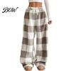 Soft Skin Friendly Sleep Pants Women Plaid Wide Leg Pants, Drawstring High Waist Thick Coral Fleece Velvet Trousers Warm Loungewear, Anti-Pilling