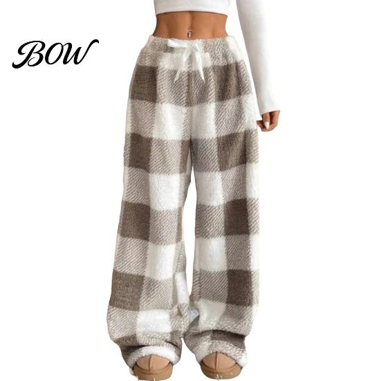 Soft Skin Friendly Sleep Pants Women Plaid Wide Leg Pants, Drawstring High Waist Thick Coral Fleece Velvet Trousers Warm Loungewear, Anti-Pilling