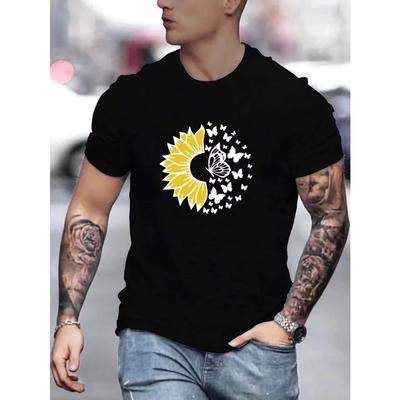 Sunflower Butterfly Print T-Shirt for Men's Casual Crew Neck Short-Sleeve Fashion Summer T-Shirt